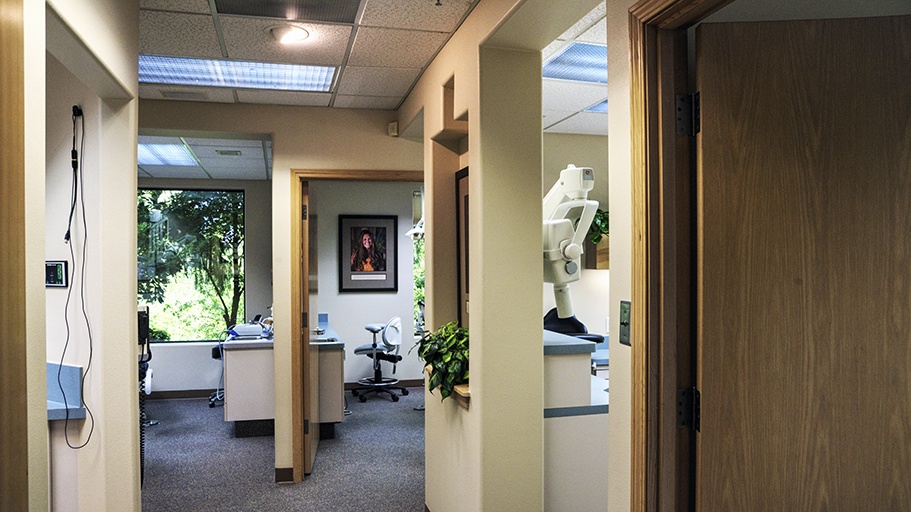 Hallway looking into dental treatment rooms